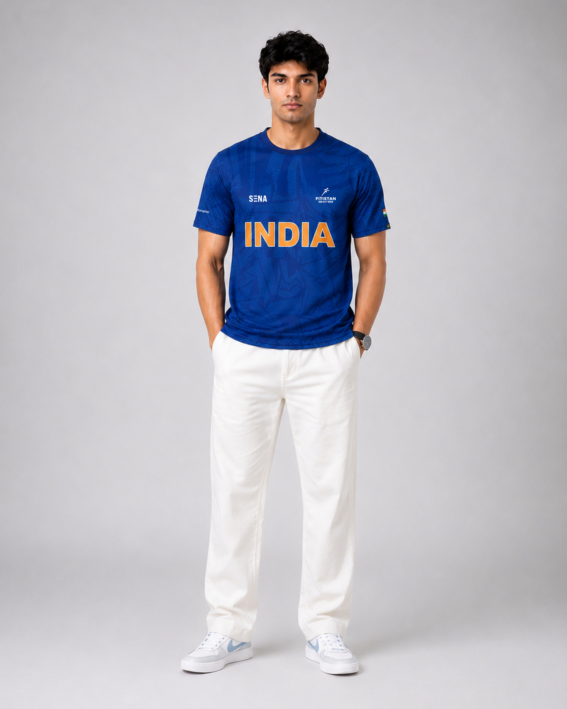 Blue India Print Round Neck Dri-Fit T-Shirt | Custom Name/Number Tee