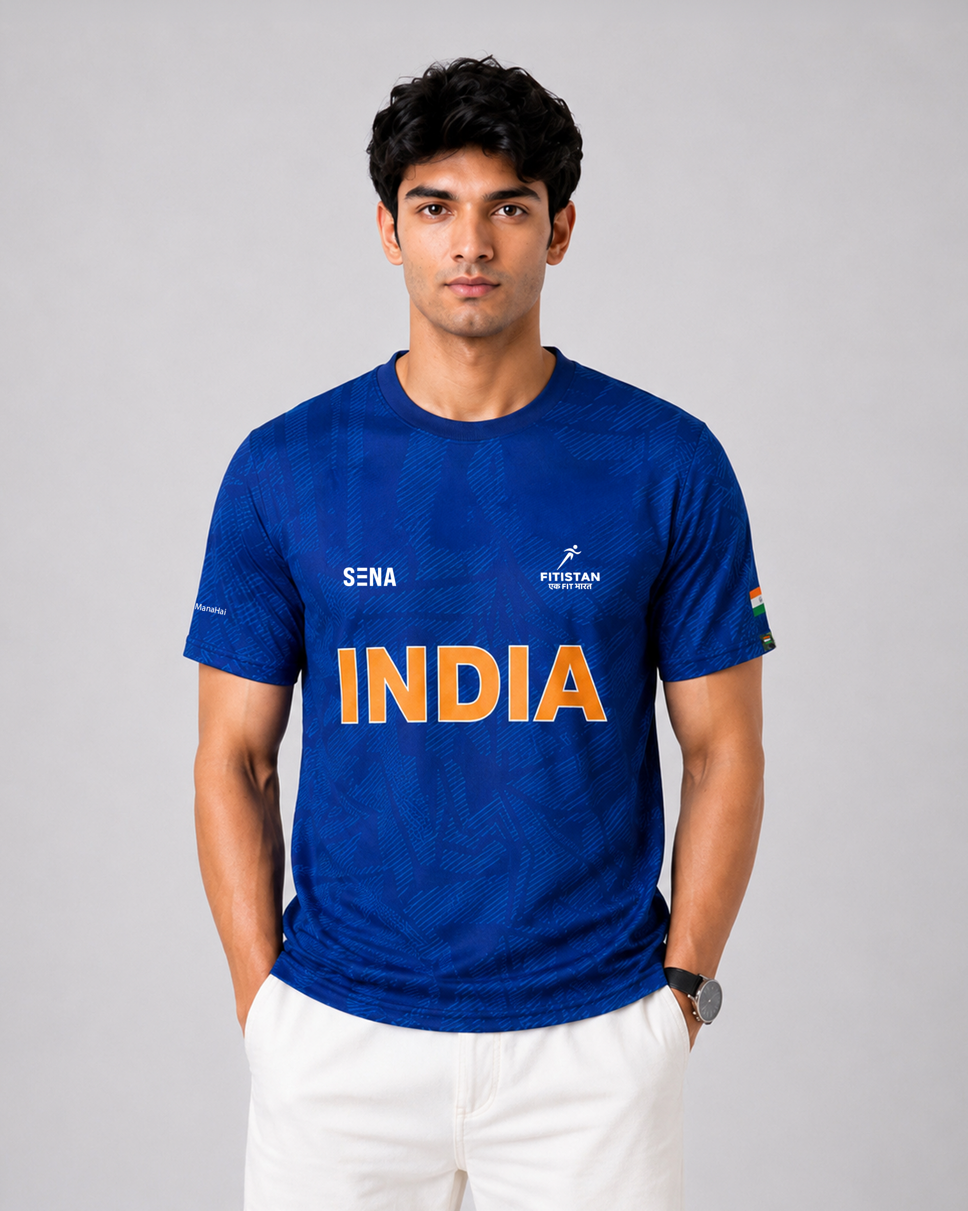 Blue India Print Round Neck Dri-Fit T-Shirt | Custom Name/Number Tee