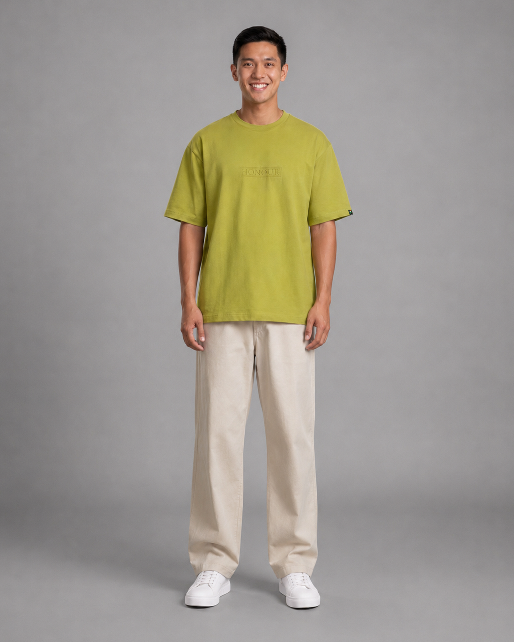 Khaki Green Embroidered Cotton T-Shirt | 220 GSM Round Neck Relaxed Fit Tee