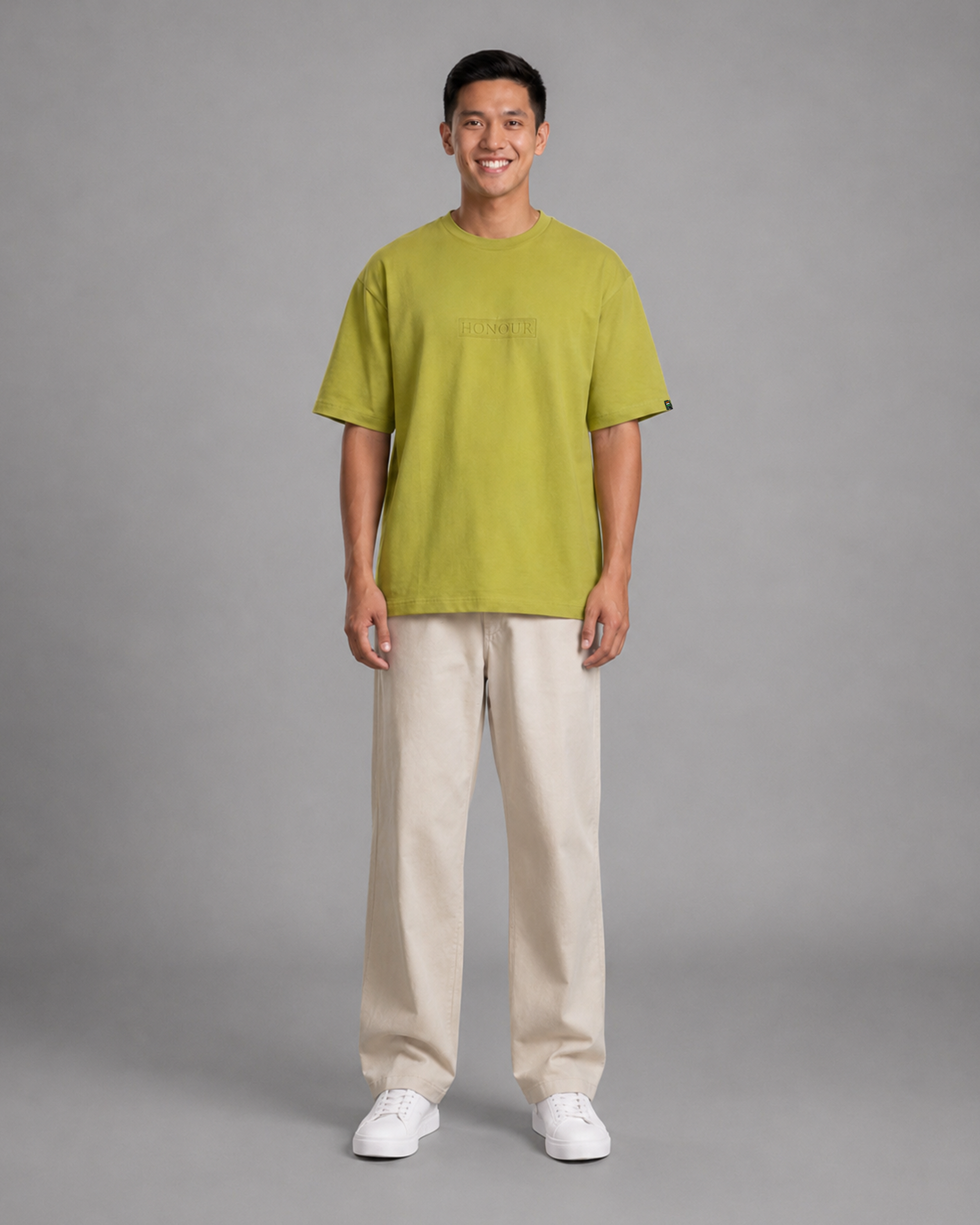 Khaki Green Embroidered Cotton T-Shirt | 220 GSM Round Neck Relaxed Fit Tee