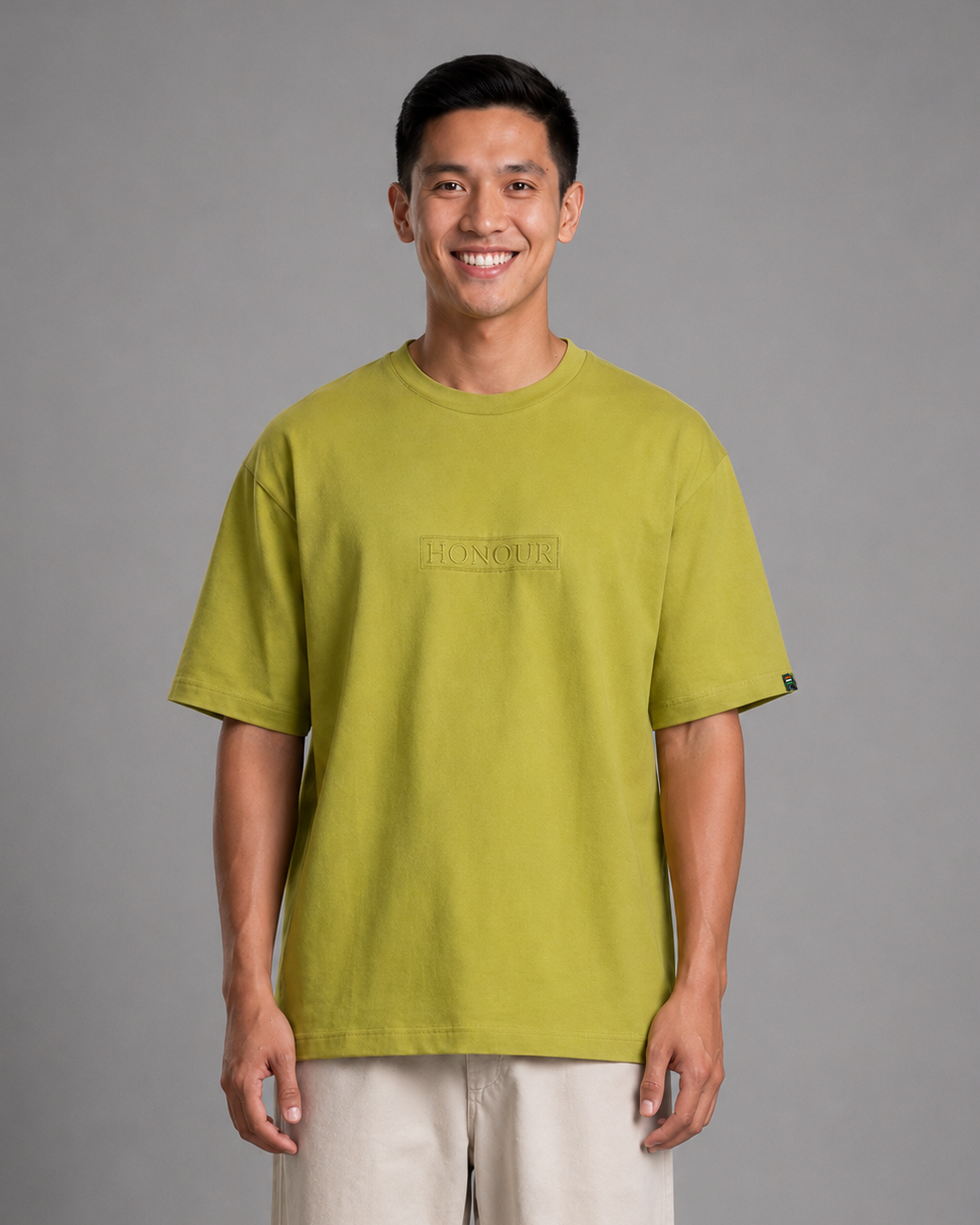 Khaki Green Embroidered Cotton T-Shirt | 220 GSM Round Neck Relaxed Fit Tee