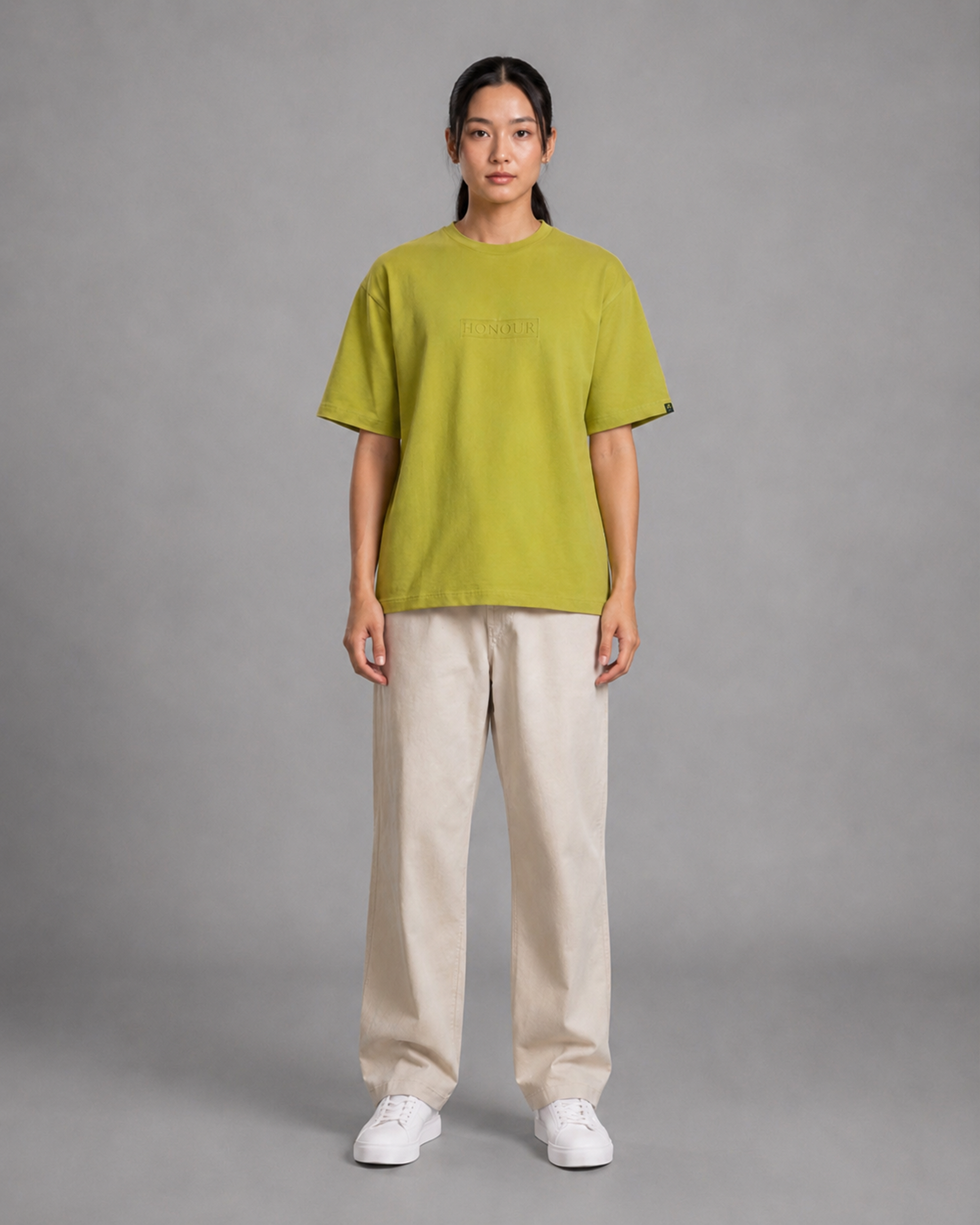 Khaki Green Embroidered Cotton T-Shirt | 220 GSM Round Neck Relaxed Fit Tee
