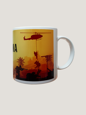 Mug with a graphic design of a helicopter and people against a sunset background.