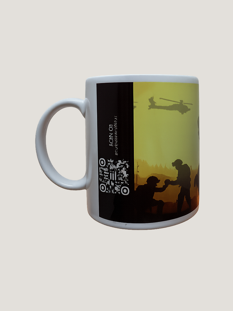 Mug with a design of a helicopter and two people on a mountain, on a beige background.