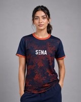 Navy & Orange Hexagonal Camouflage T-Shirt | 190 GSM Dri-Fit | Contrast Trim Athleisure