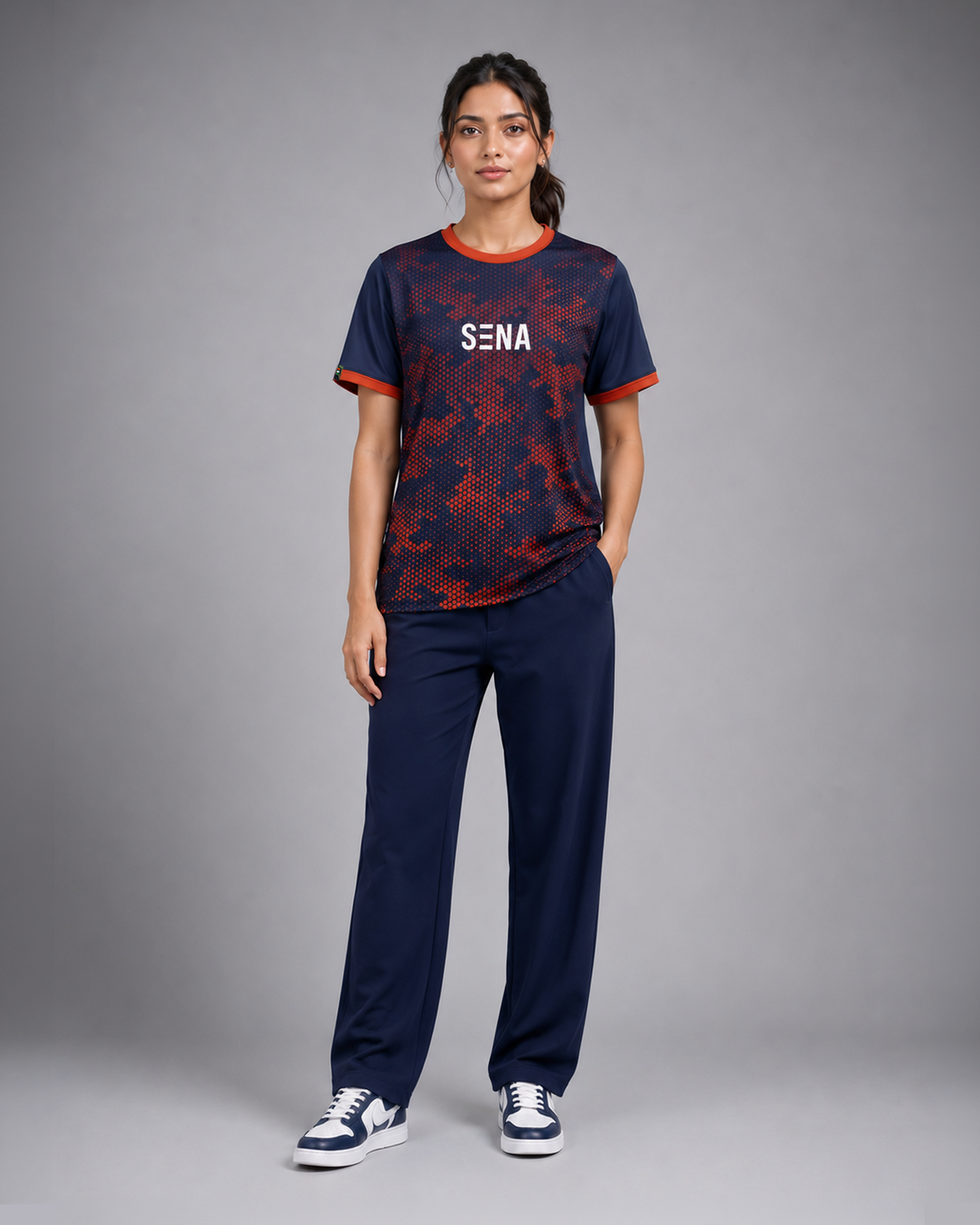 Navy & Orange Hexagonal Camouflage T-Shirt | 190 GSM Dri-Fit | Contrast Trim Athleisure