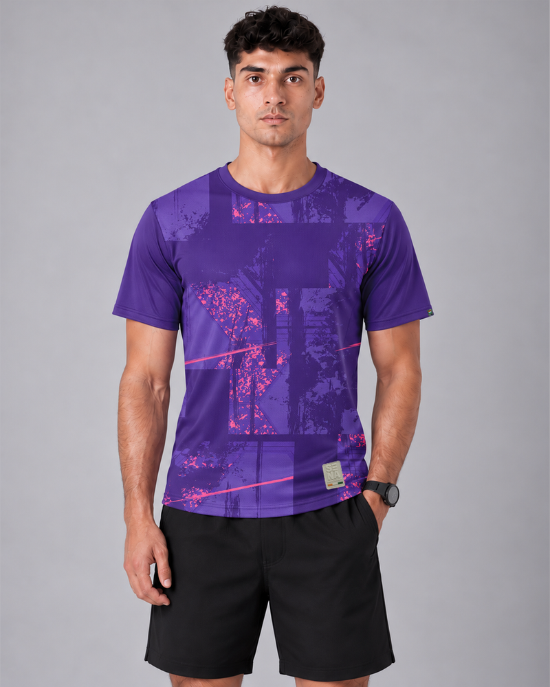 Purple Abstract Graphic Round Neck T-Shirt | 180 GSM Dri-Fit Athleisure Tee