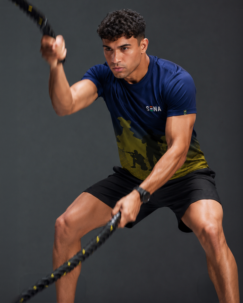 Patriotic Soldier Print Navy Yellow Dri Fit T-Shirt | High-Performance Athleisure Tee