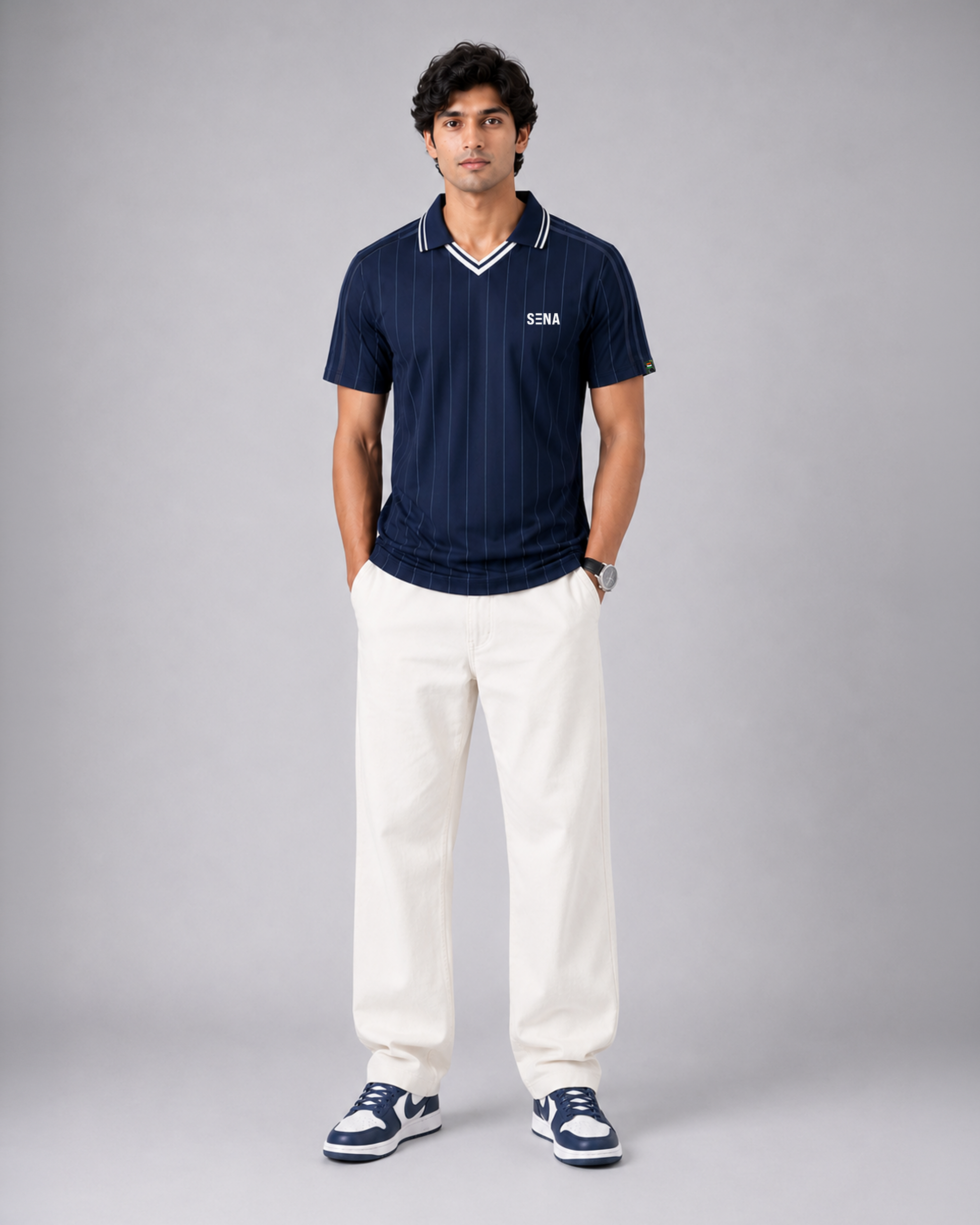 Navy Blue Pinstripe Polo Collar Dri-Fit T-Shirt