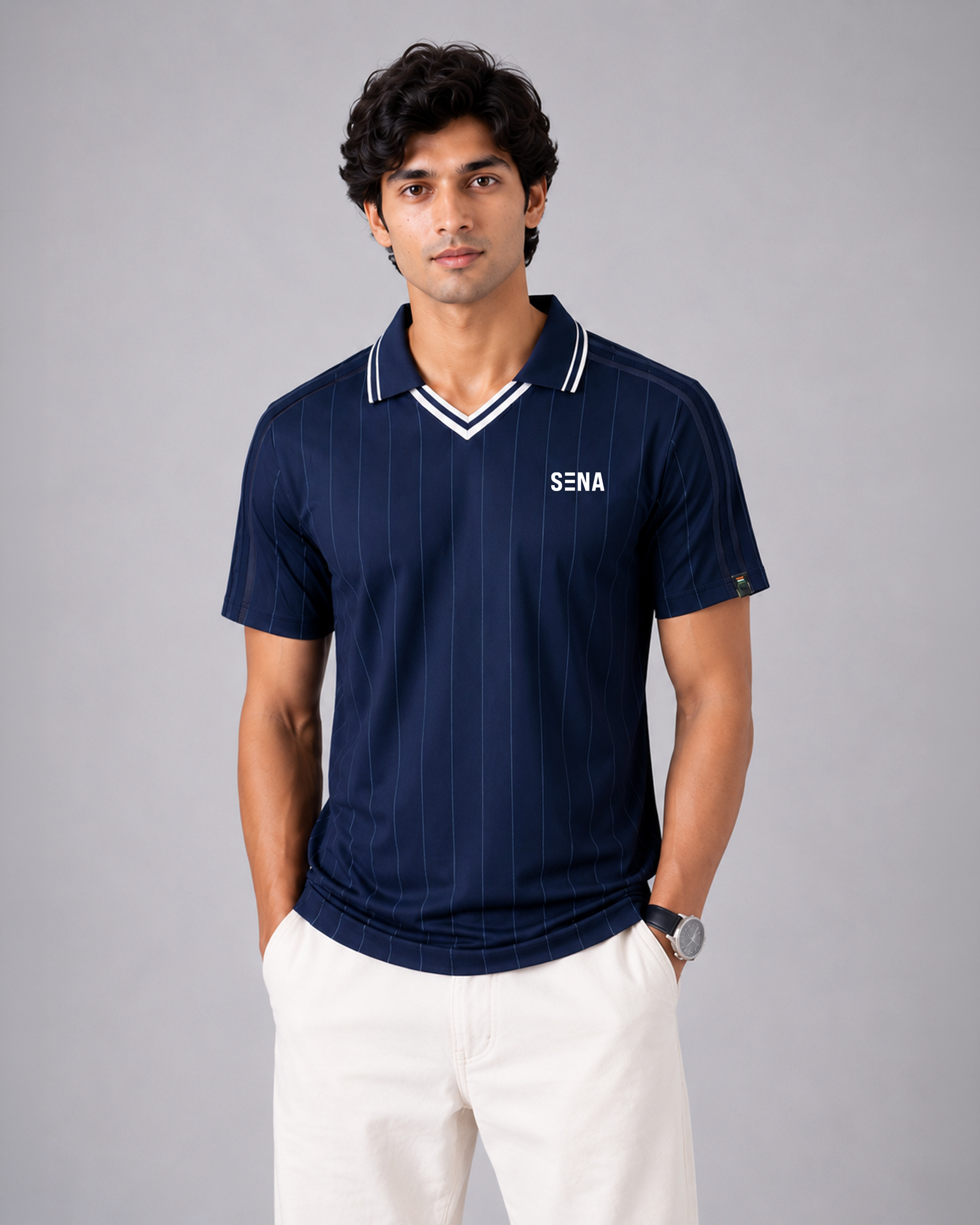 Navy Blue Pinstripe Polo Collar Dri-Fit T-Shirt