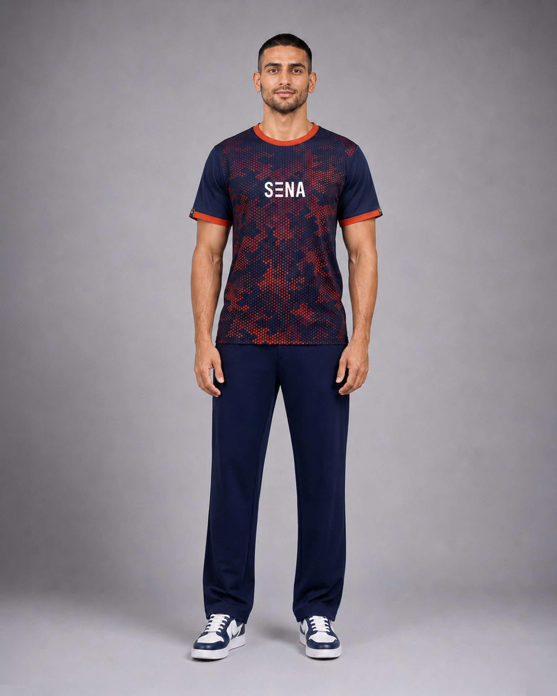 Navy & Orange Hexagonal Camouflage T-Shirt | 190 GSM Dri-Fit | Contrast Trim Athleisure