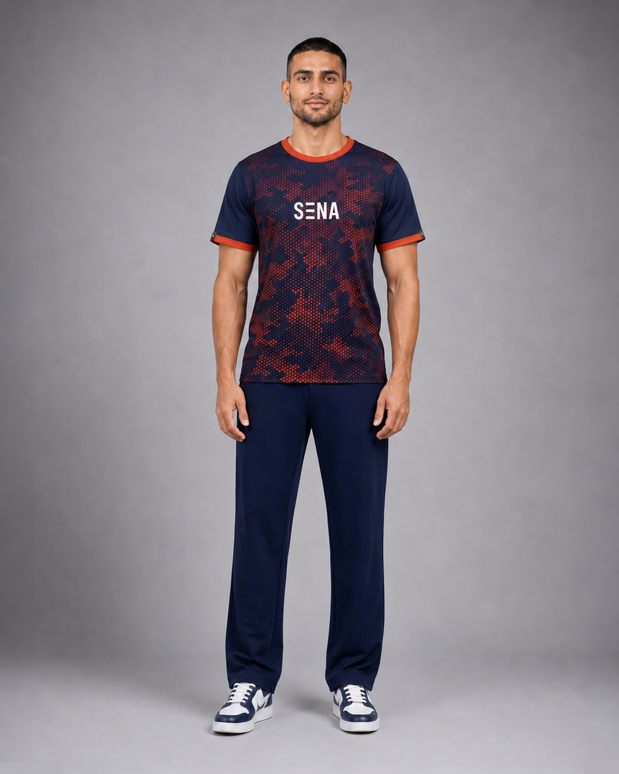 Navy & Orange Hexagonal Camouflage T-Shirt | 190 GSM Dri-Fit | Contrast Trim Athleisure