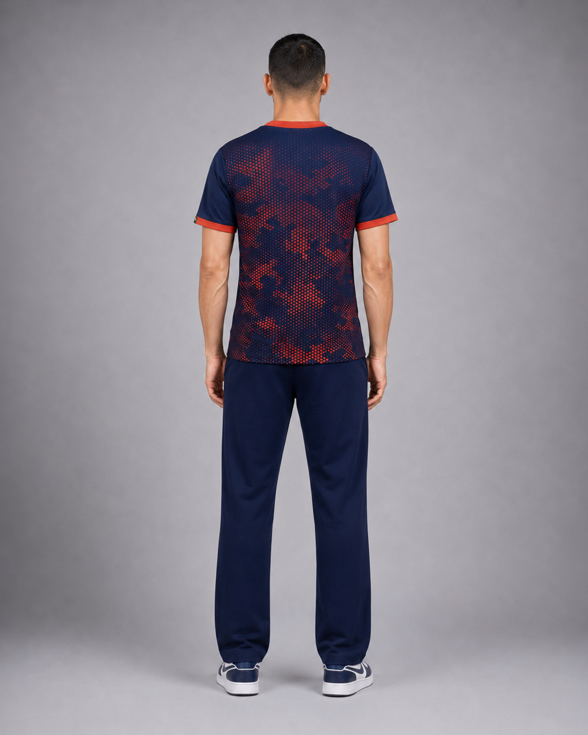 Navy & Orange Hexagonal Camouflage T-Shirt | 190 GSM Dri-Fit | Contrast Trim Athleisure