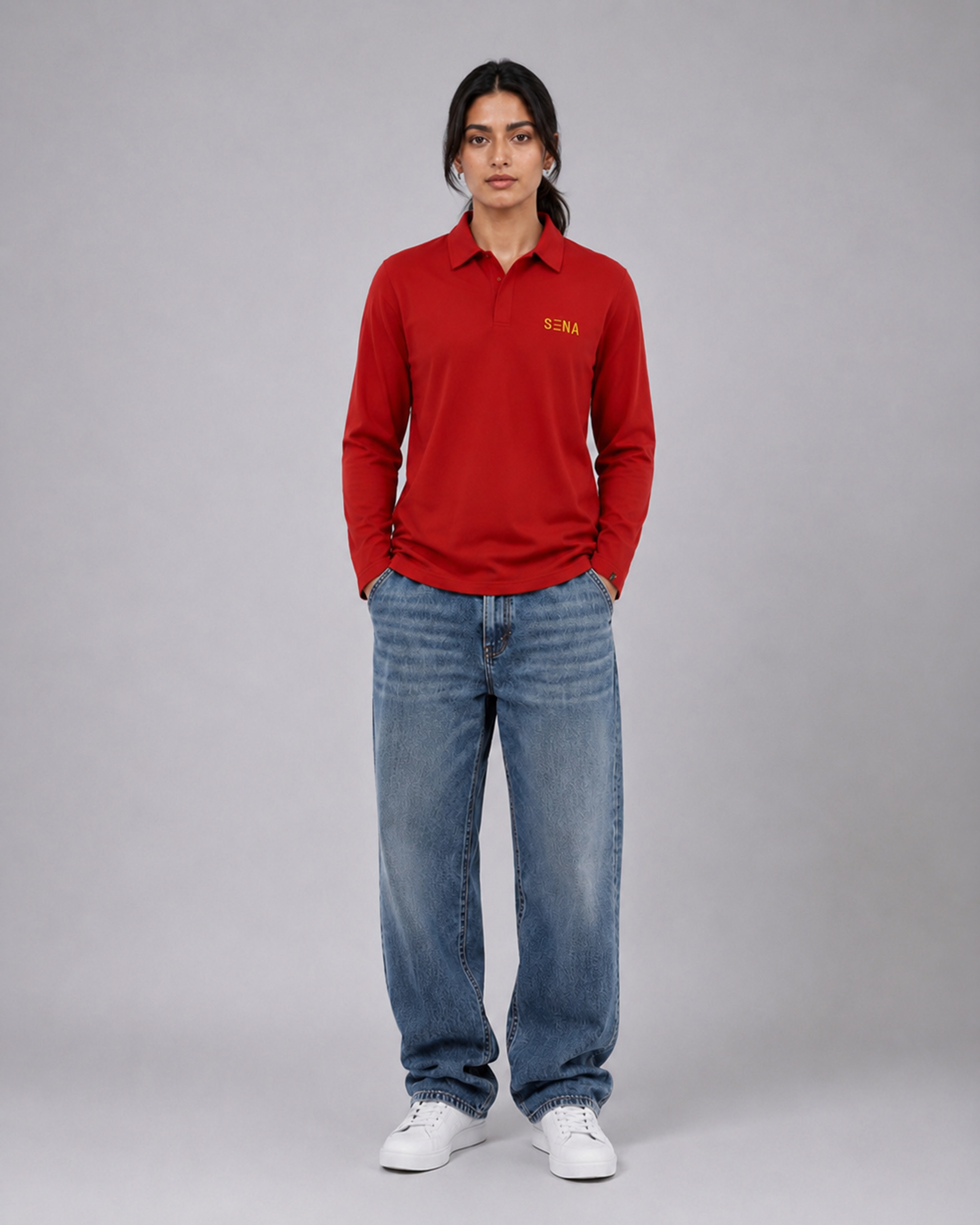 Red Full Sleeve Embroidered | Relaxed Fit Polo T-shirt