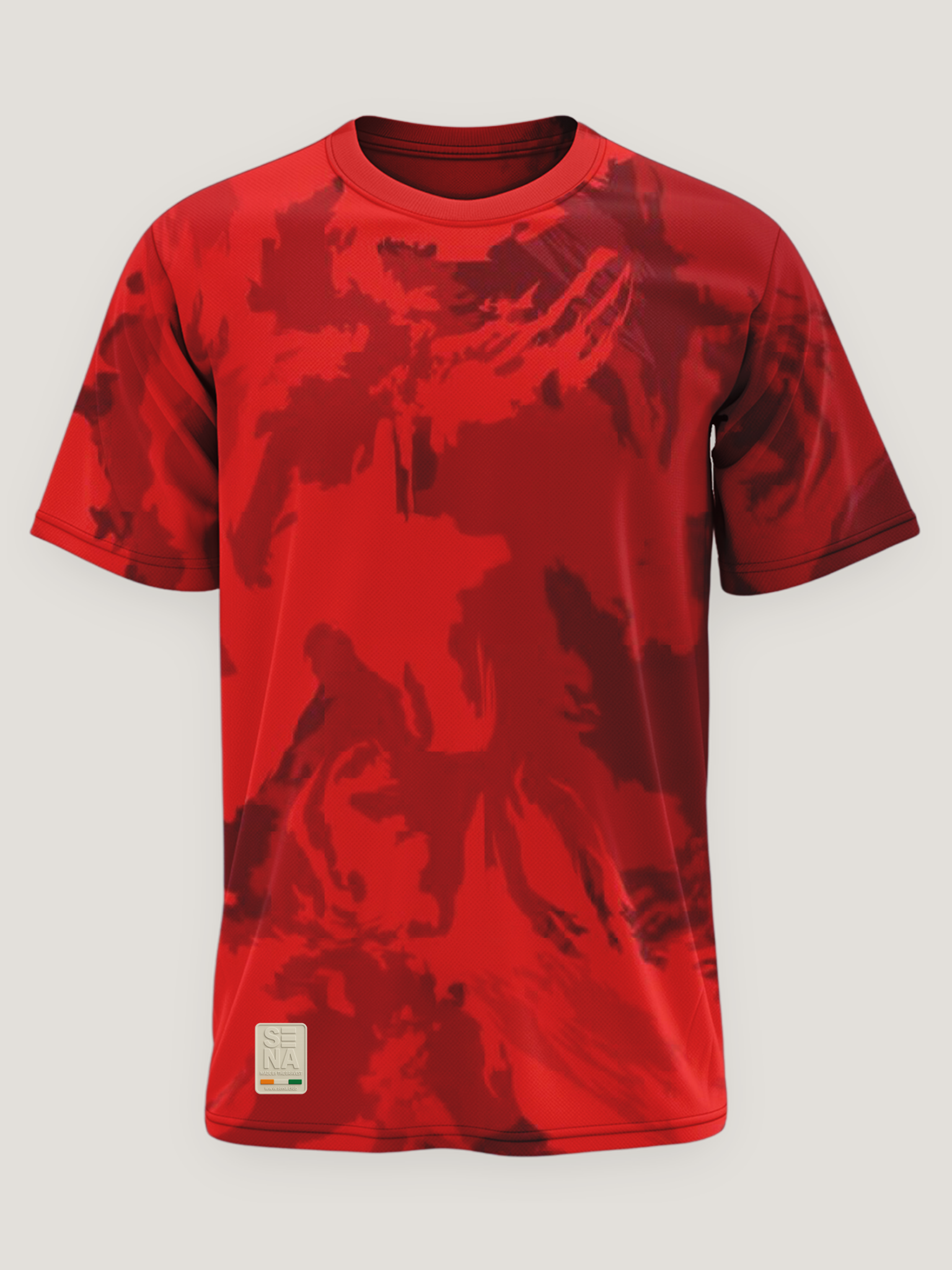 Red camouflage t-shirt on a light gray background