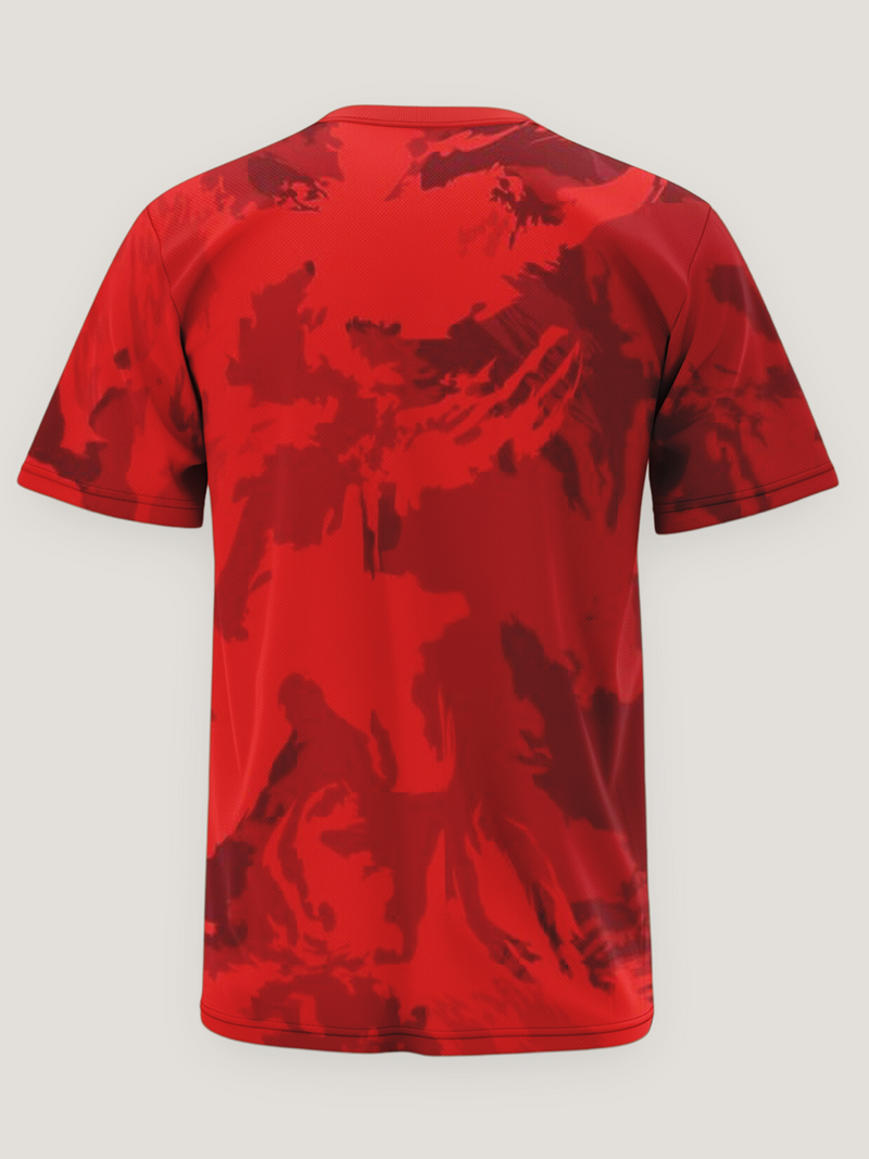 Red tie-dye t-shirt on a light gray background