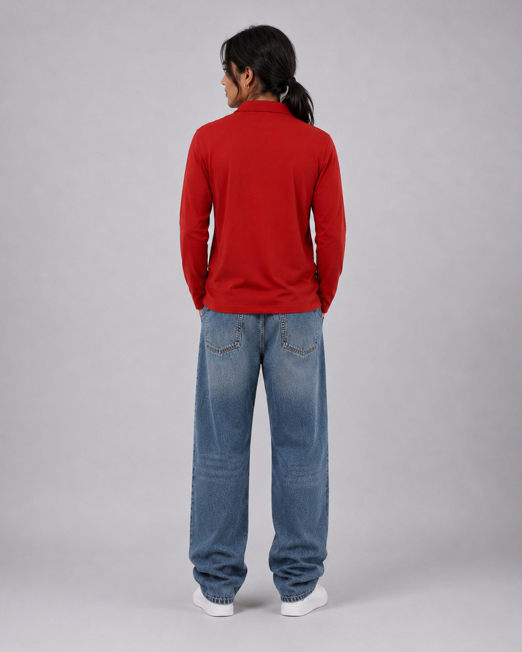 Red Full Sleeve Embroidered | Relaxed Fit Polo T-shirt