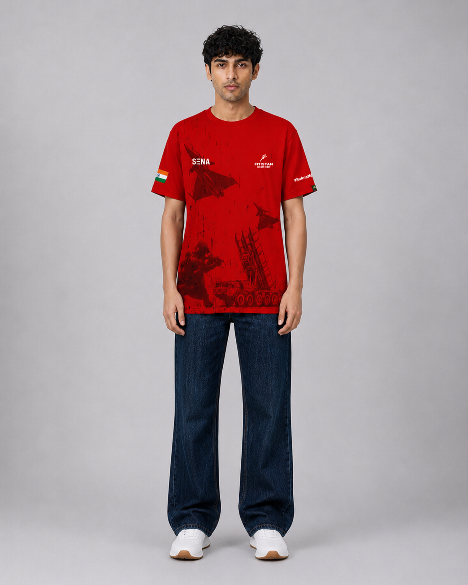 Red Fighter Jet Print Round Neck Dri-Fit T-Shirt
