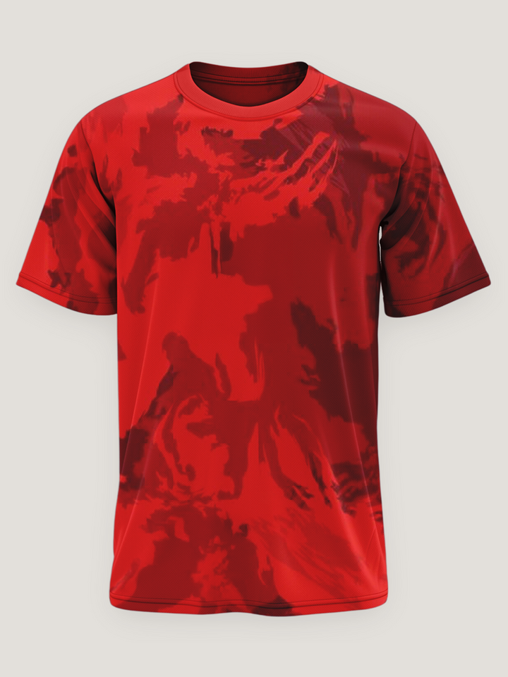Red Abstract Print Round Neck Dri- Fit T-Shirt
