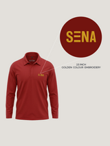 Red polo shirt with 'Sena' branding on a beige background