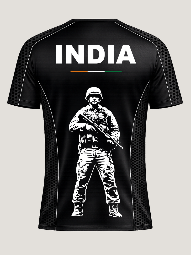 Black t-shirt with a soldier graphic and 'INDIA' text on a gray background