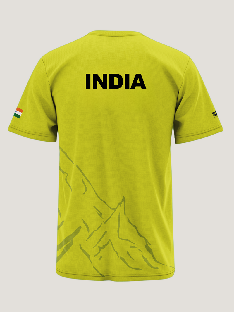 Yellow sports jersey with 'INDIA' printed on the back against a white background