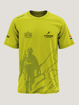 Yellow t-shirt with a soldier silhouette and branding on a white background