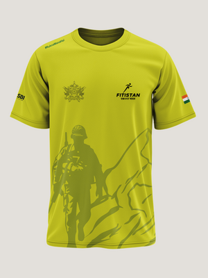 Yellow t-shirt with a soldier silhouette and branding on a white background