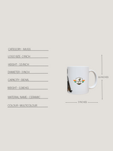 White mug with a logo on a light gray background, featuring dimensions and product details.