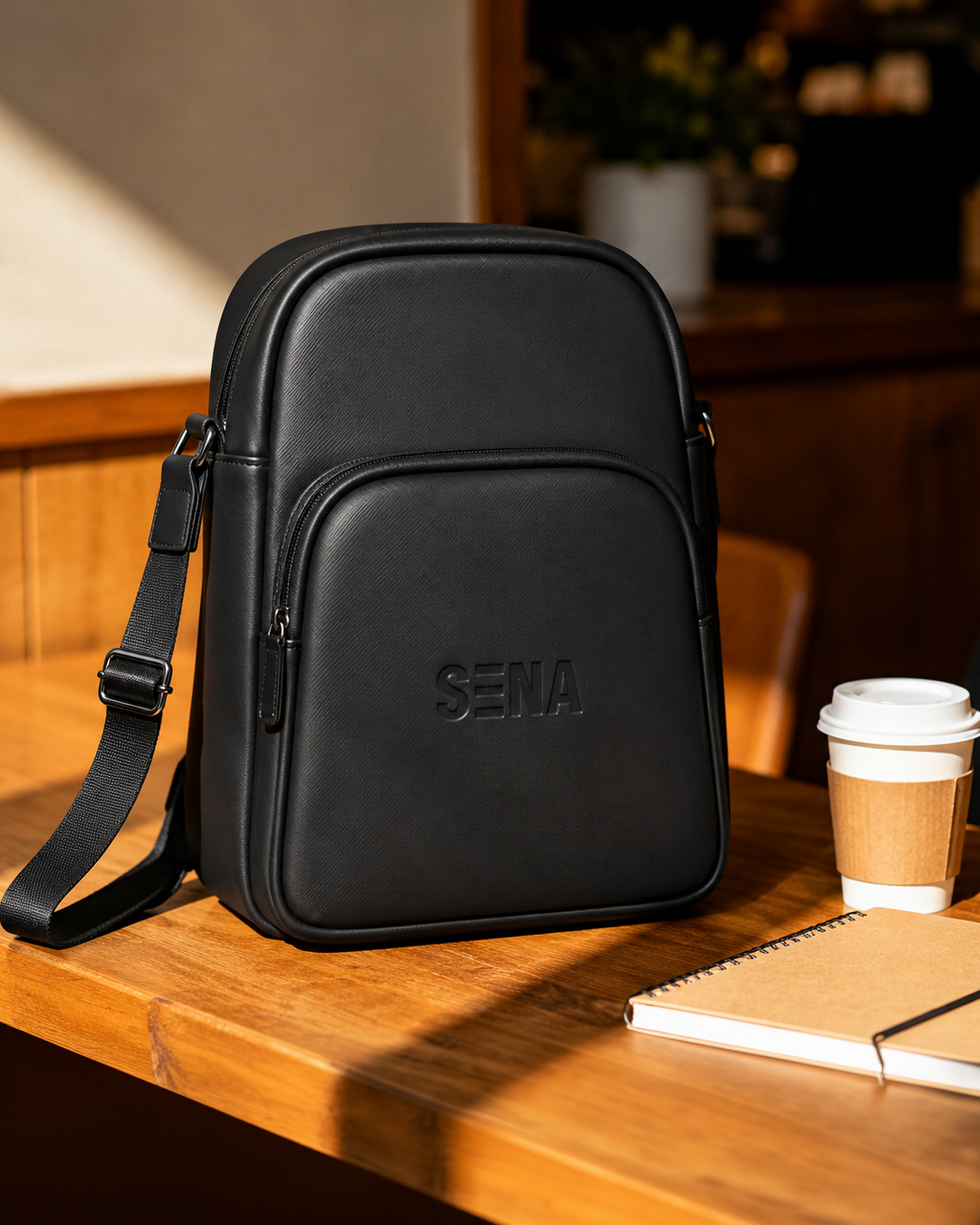 Black leather bag with 'Sena' branding on a wooden surface with a blurred background
