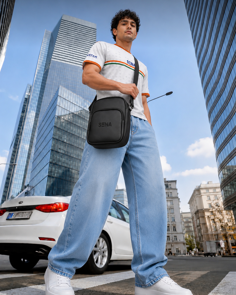 Man holding a black bag with 'Sena' branding in an urban setting