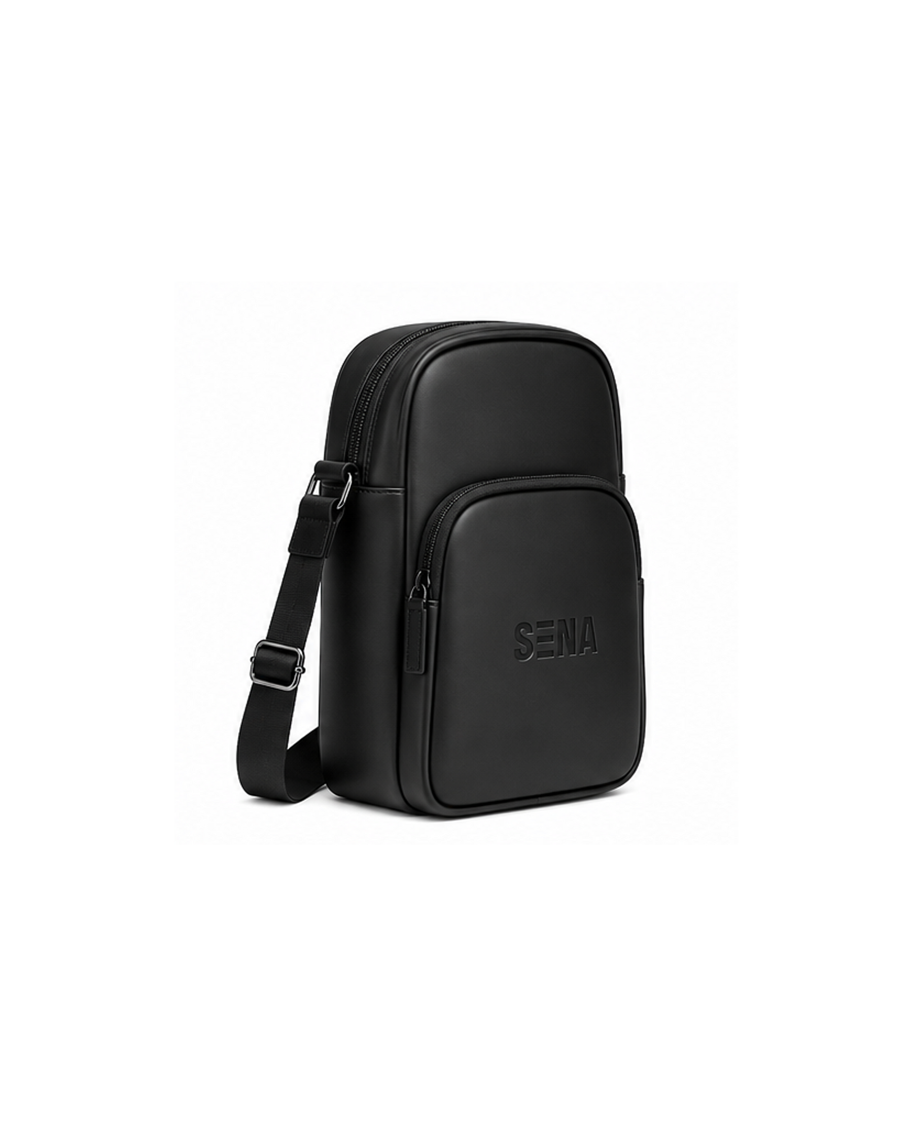 Black crossbody bag with 'Sena' branding on a white background