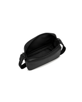 Black leather waist bag on a white background