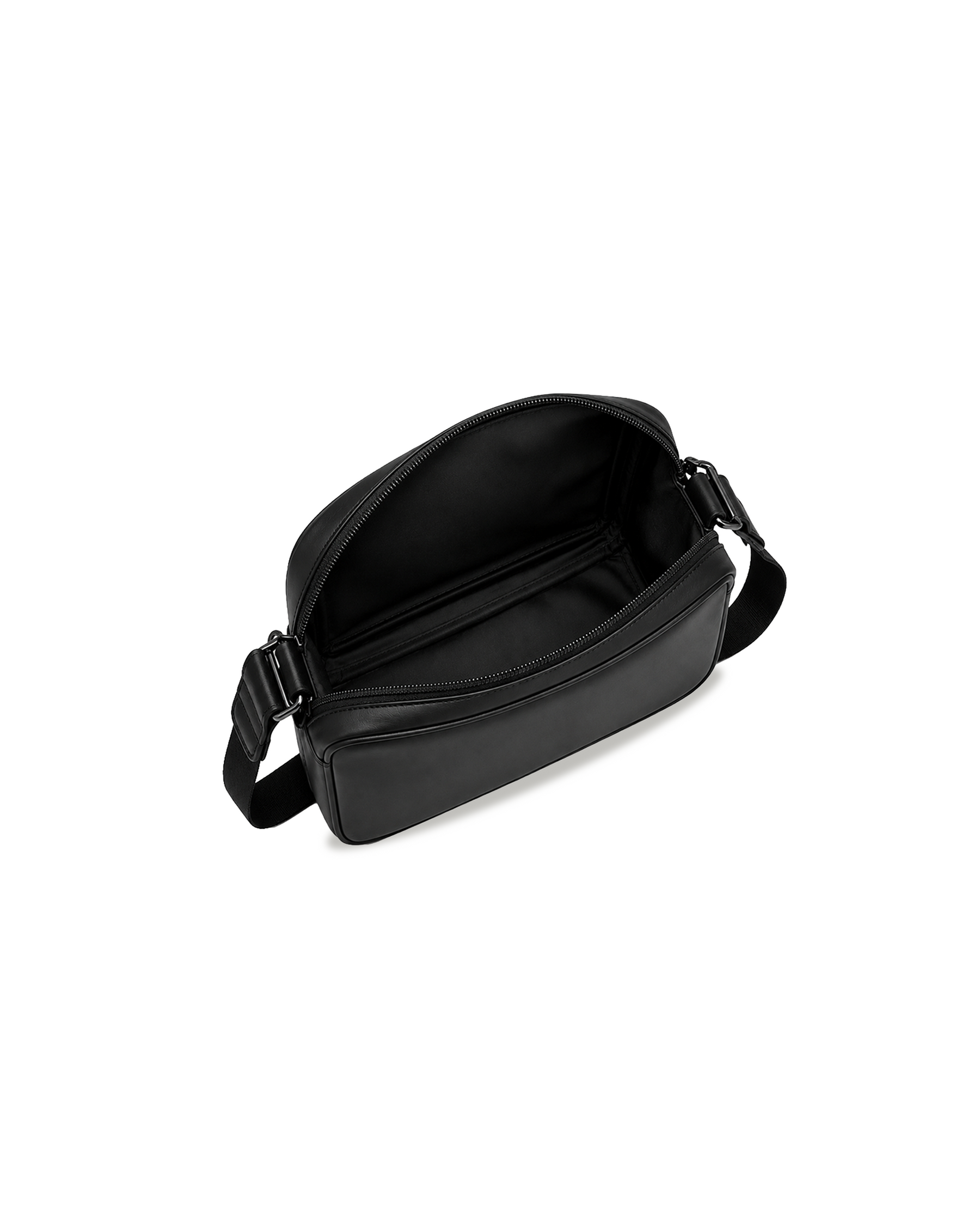 Black leather waist bag on a white background