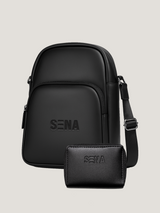Minimalist Black Crossbody Bag Set | Embossed PU Leather Sling & Pouch Combo