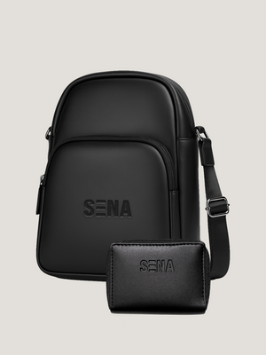 Minimalist Black Crossbody Bag Set | Embossed PU Leather Sling & Pouch Combo