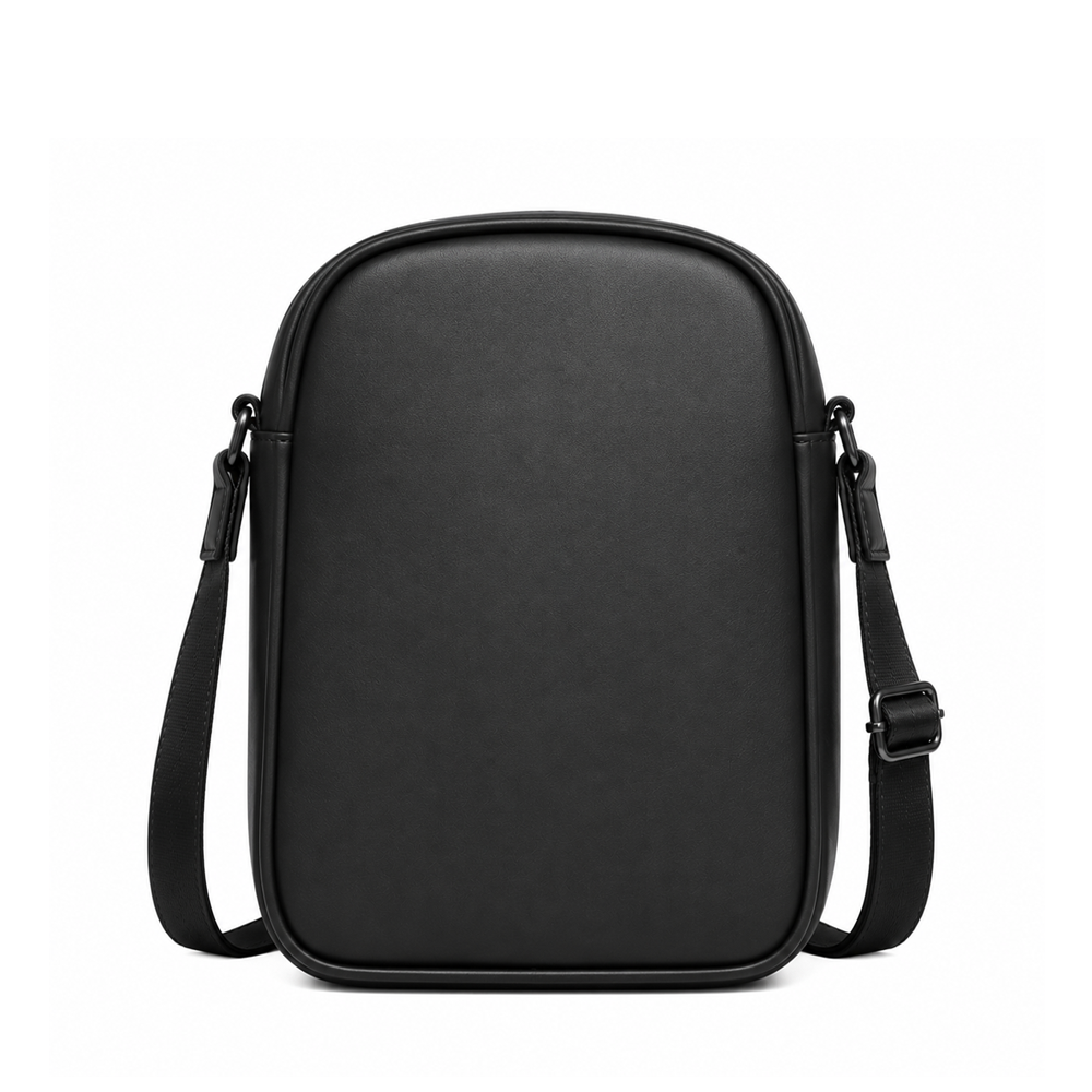 Black crossbody bag on a white background