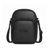 Black crossbody bag with 'Sena' branding on a white background