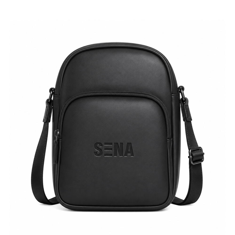 Black crossbody bag with 'Sena' branding on a white background