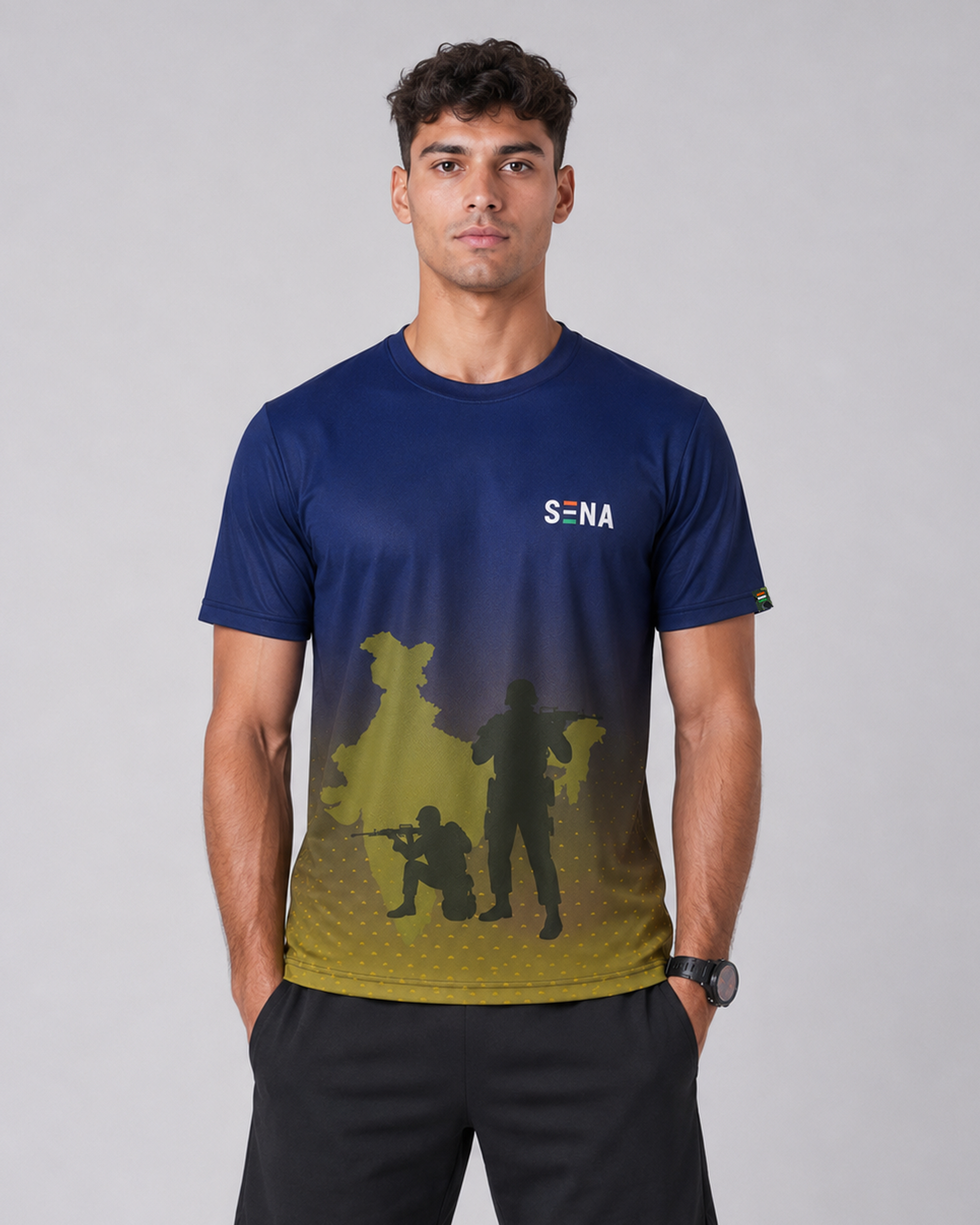 Patriotic Soldier Print Navy Yellow Dri Fit T-Shirt | High-Performance Athleisure Tee
