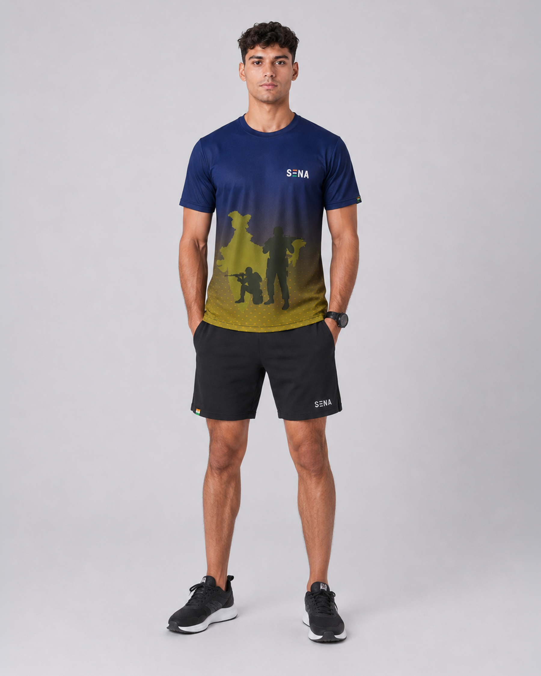 Patriotic Soldier Print Navy Yellow Dri Fit T-Shirt | High-Performance Athleisure Tee