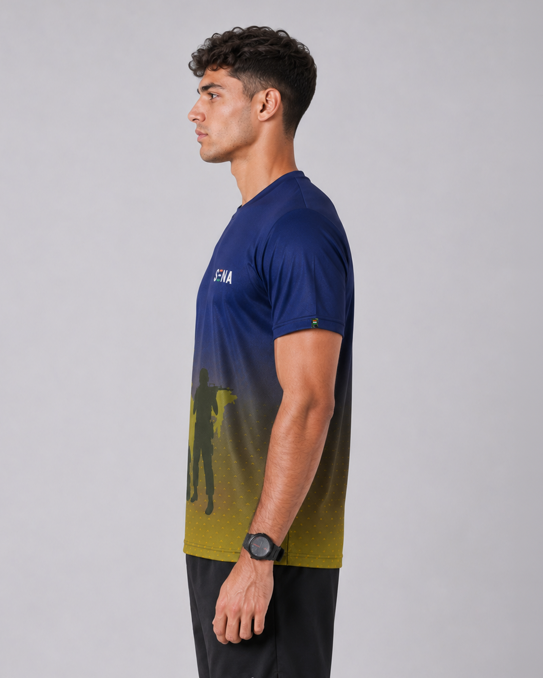 Patriotic Soldier Print Navy Yellow Dri Fit T-Shirt | High-Performance Athleisure Tee