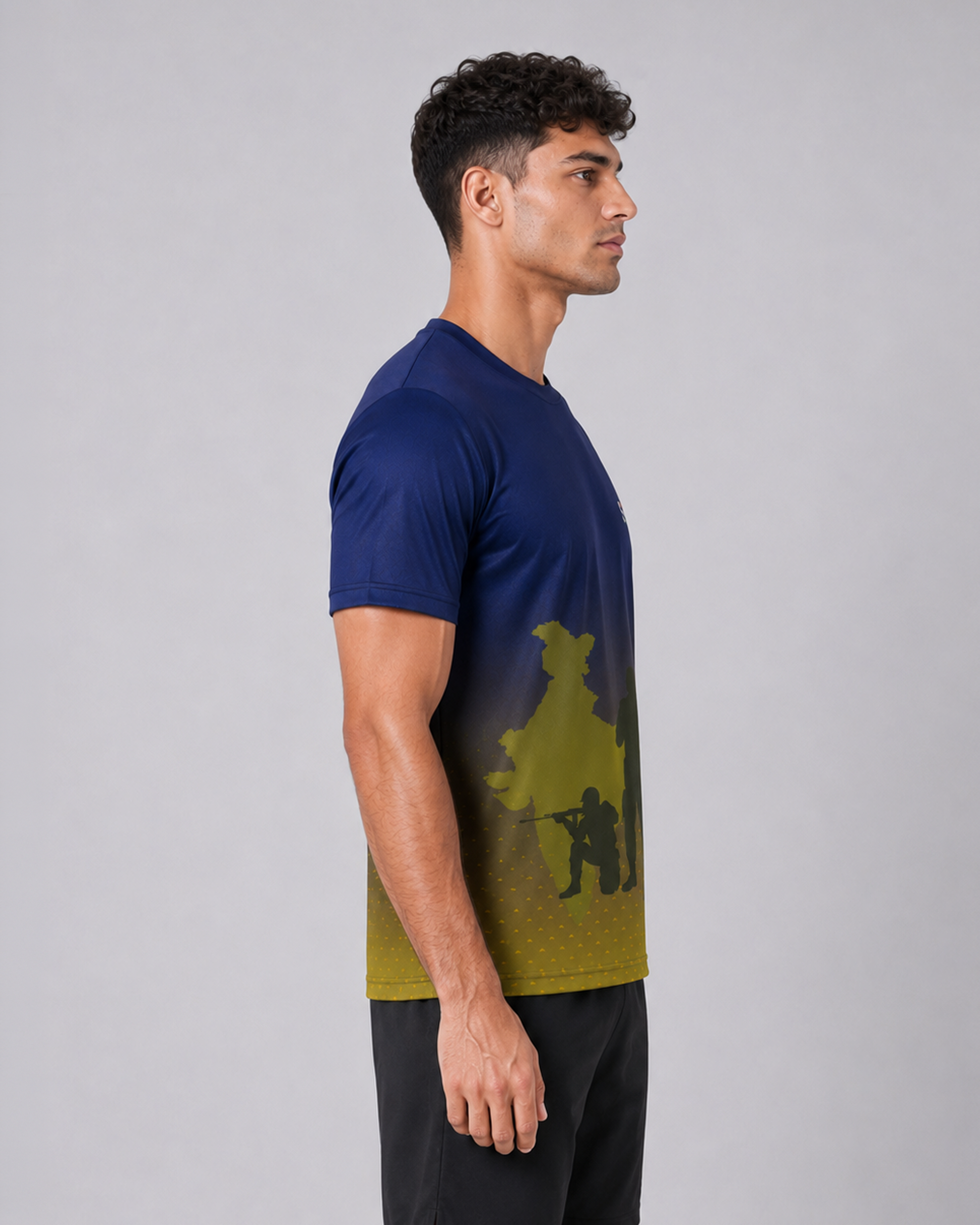 Patriotic Soldier Print Navy Yellow Dri Fit T-Shirt | High-Performance Athleisure Tee