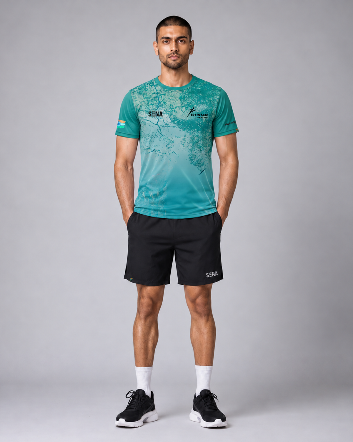 Teal Blue Abstract Gradient Print Round Neck T-shirt