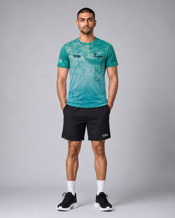 Teal Blue Abstract Gradient Print Round Neck T-shirt