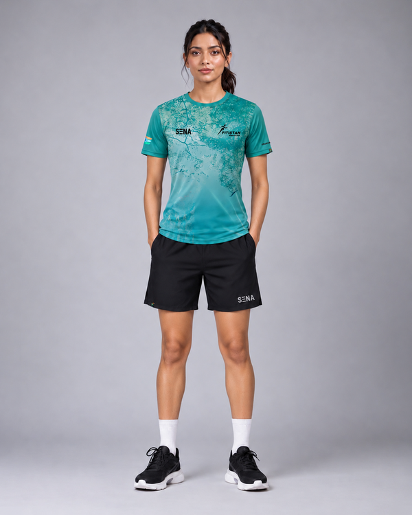 Teal Blue Abstract Gradient Print Round Neck T-shirt