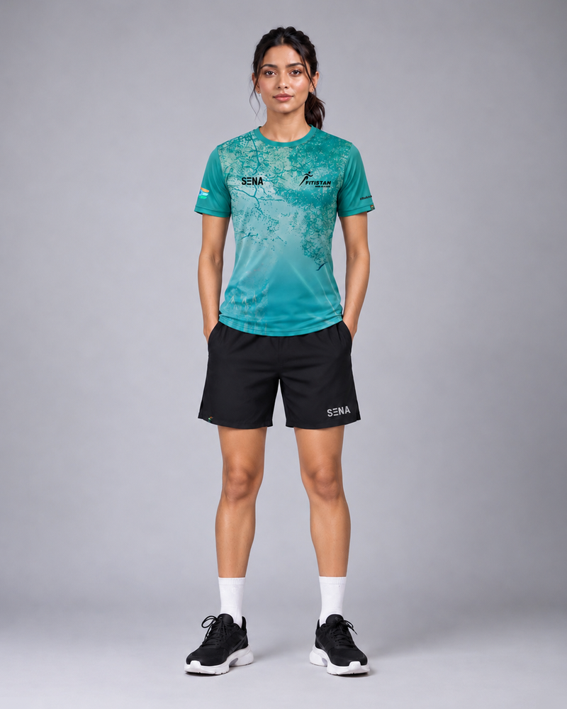 Teal Blue Abstract Gradient Print Round Neck T-shirt