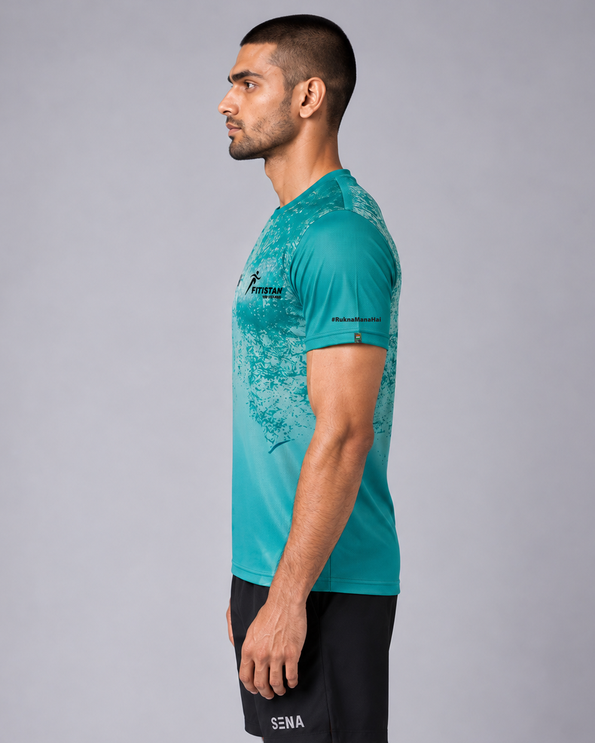 Teal Blue Abstract Gradient Print Round Neck T-shirt
