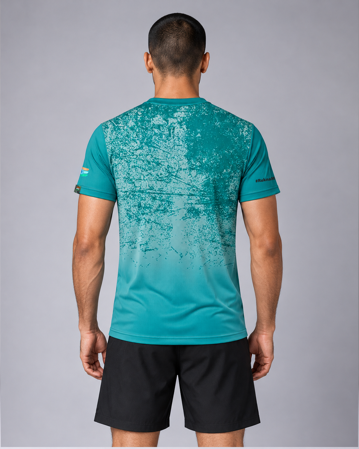Teal Blue Abstract Gradient Print Round Neck T-shirt
