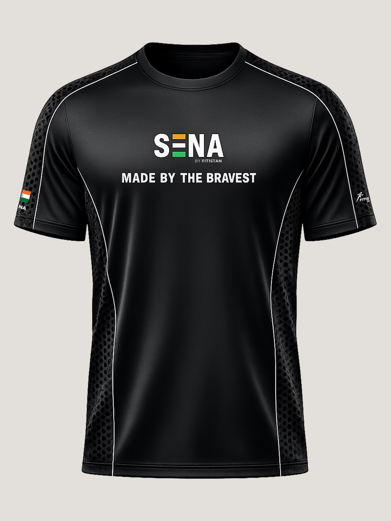 Black t-shirt with 'Sena' logo and text on a light gray background